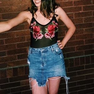 Mesh Bodysuit with Rose Embroidery